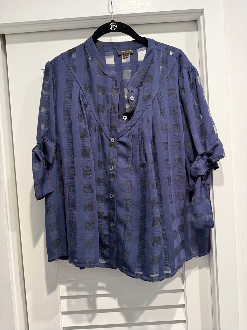 Anthropologie Current Air LA Navy Sheer Plaid Button-Front Top with Tie Sleeves